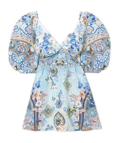 Camilla Crystal-embellished Printed Linen And Silk-blend Mini Dress In Blue