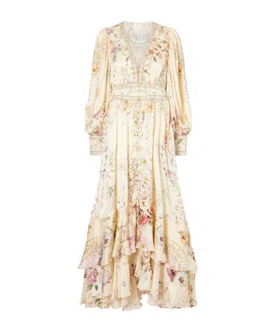 Camilla Crystal-embellished Tiered Floral-print Silk-chiffon Midi Dress In Neutral