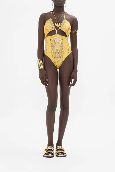 Camilla Cut Out Halter One Piece With Trim Valley Of The Kings In Yellow