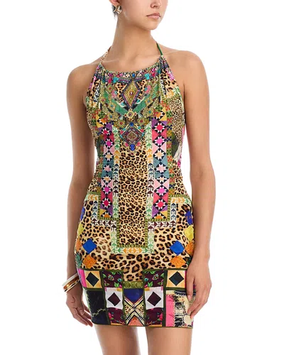 Camilla Cut Out Halter Swim Cover Up Mini Dress In Multi