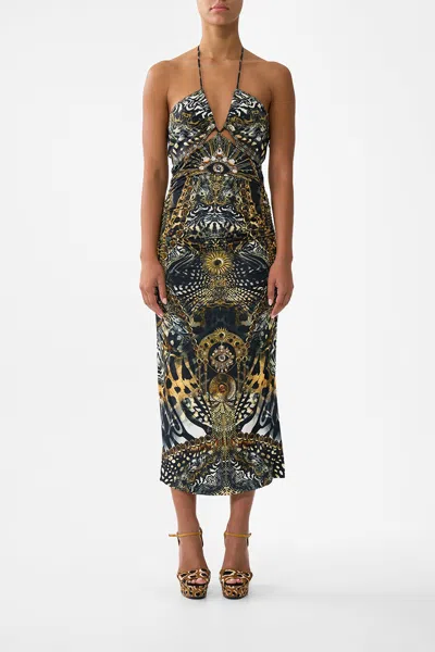 Camilla Cut Out Sleeveless Jersey Halter Neck Dress Feline Folklore In Black