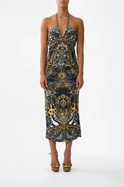 Camilla Cut Out Sleeveless Jersey Halter Neck Dress In Multi