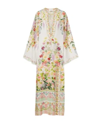 Camilla Cutout Floral Linen Kaftan In Brown