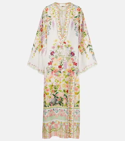 Camilla Cutout Floral Linen Kaftan In White