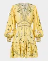 Camilla Daisy Chains Button Front Long Sleeve Silk Minidress In Yellow