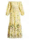 Camilla Off-the-shoulder Gathered Floral-print Linen And Silk-blend Maxi Dress In Yellow