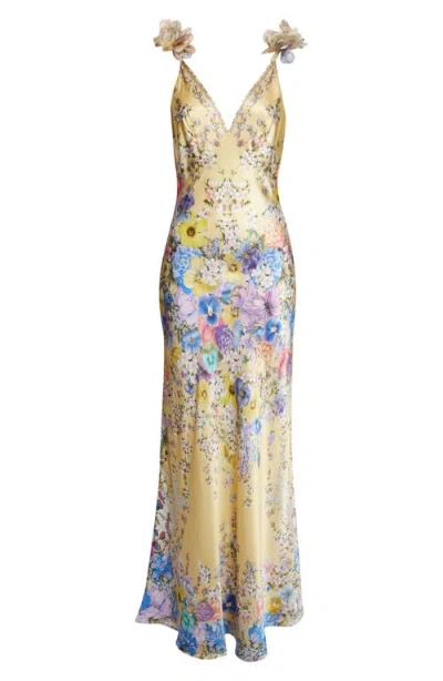 Camilla Embellished Floral Ruffled Silk Satin Maxi Dress In Yellow