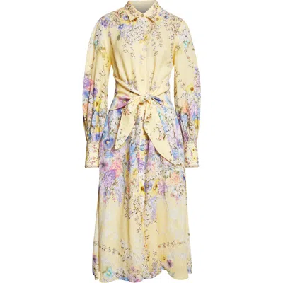 Camilla Darling Buds Long Sleeve Tie Waist Linen Shirtdress In Multi