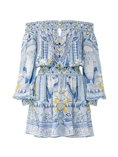 Camilla De Nada Granada Off-shoulder Ruffled Mini Dress In Blue