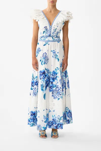 Camilla Deep V Frill Short Sleeve Top A Ceramic Garden In Multi