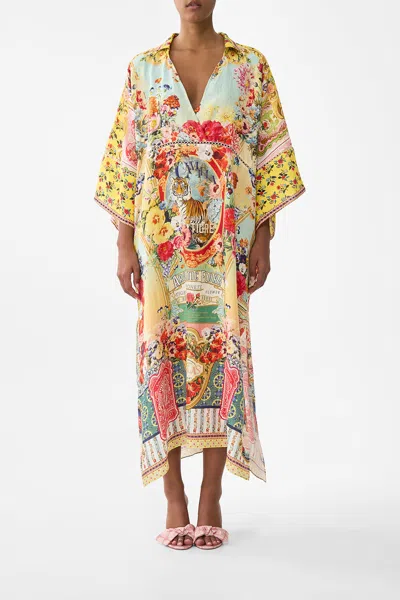 Camilla Deep V Kaftan With Cut-out Detail Aromatic Tiger Flower In Yellow