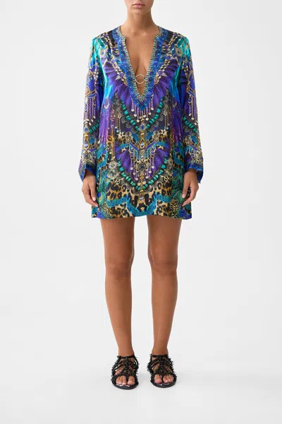 Camilla Deep V Neck Hardware Short Kaftan Cosmic Zoology In Blue