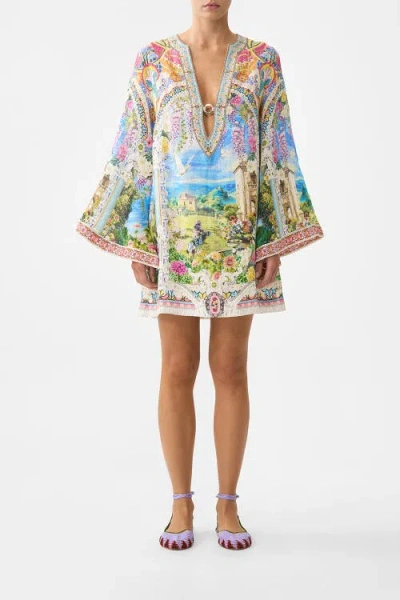 Camilla Deep V Neck Hardware Short Kaftan In Multi