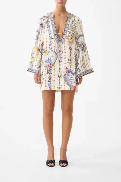 Camilla Deep V Neck Hardware Short Kaftan In Multi