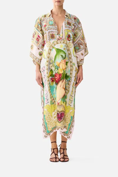 Camilla Deep V Neck Kaftan With Curved Seam Painted Prayers In Yellow