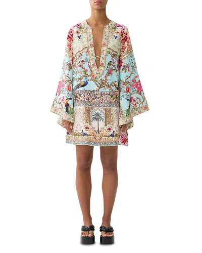 Camilla Deep V Neck Linen Swim Cover-up Dress In Multi