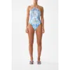 Camilla Diamond Neck Halter One Piece With U Ring Front In Blue