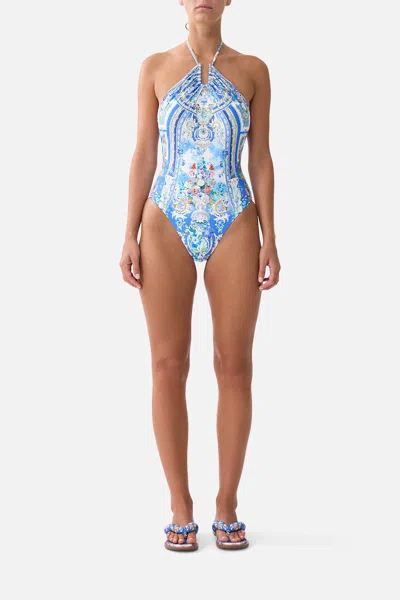 Camilla Diamond Neck Halter One Piece With U Ring Front Ottoman Opulence In Blue