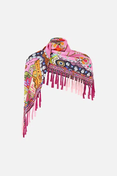 Camilla Diamond Scarf With Tassels Patchwork Panorama In Pink