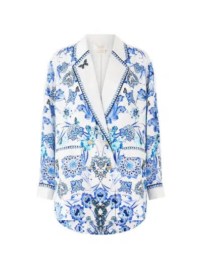 Camilla Double-breasted Butterfly Print Blazer In White