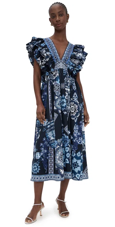 Camilla Double Frill Sleeve Midi Dress A Tiled Wonderland In Blue