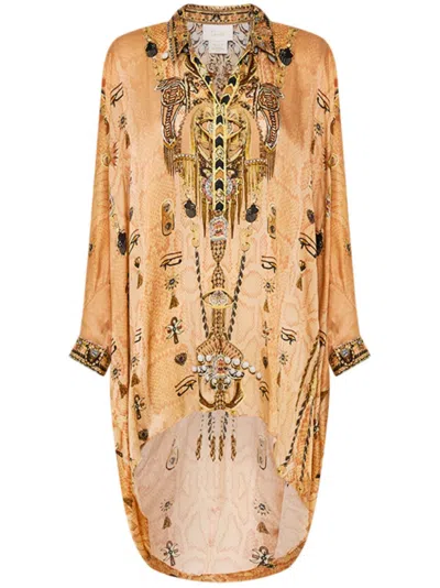 Camilla Draped Button-up Top In Brown