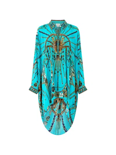 Camilla Draped Button-up Top Kaftan In Blue