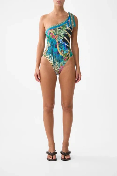 Camilla Draped One Shoulder One Piece With Tie Trim In Blue