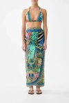 Camilla Draped Wrap Maxi Sarong With Tie Waist In Blue