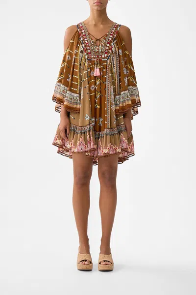 Camilla Drop Shoulder Ruffle Dress Fabric Of Time In Brown