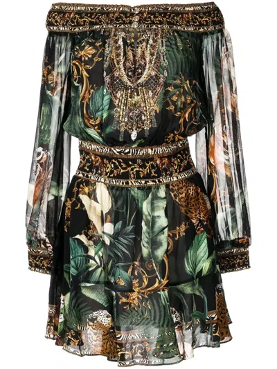 Camilla Easy Tiger Print Off-shoulder Mini Dress In Green