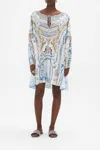 Camilla A Line Blouson Sleeve Dress Season Of The Siren In Blue/grey/
