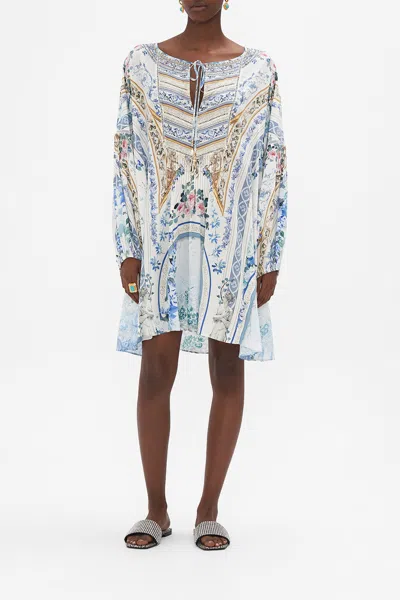 Camilla A Line Blouson Sleeve Dress Season Of The Siren In Blue/grey/