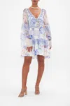 Camilla Crystal Detail Mixed Print Long Sleeve Silk Babydoll Dress In Blue/white