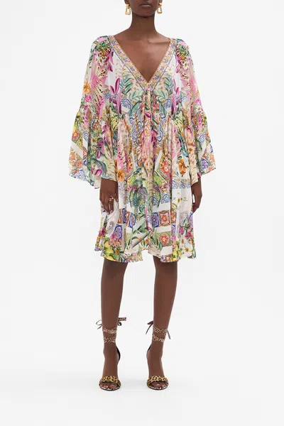 Camilla A-line Ruffle Sleeve Dress Flowers Of Neptune In Green//white