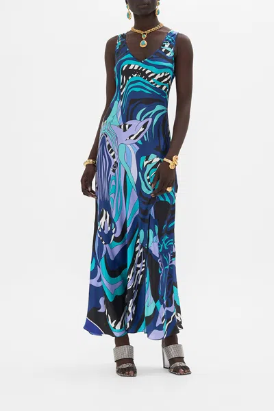 Camilla Bias Cut Tank Dress Vividly Venice In Blue/green/navy