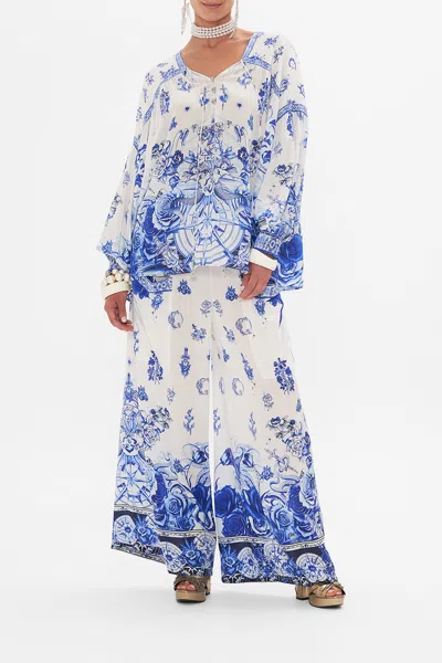 Camilla Blouson Blouse With Neck Tie Immortal Ink In White