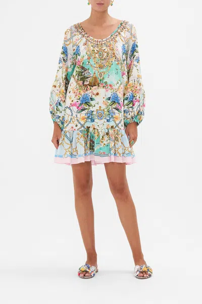 Camilla Blouson Sleeve A Line Frill Dress Amalfi Lullaby In Blue/grey/white