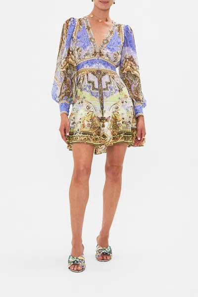Camilla Button Front Frill Dress Gilded Pleasures In Brown/purple/yellow