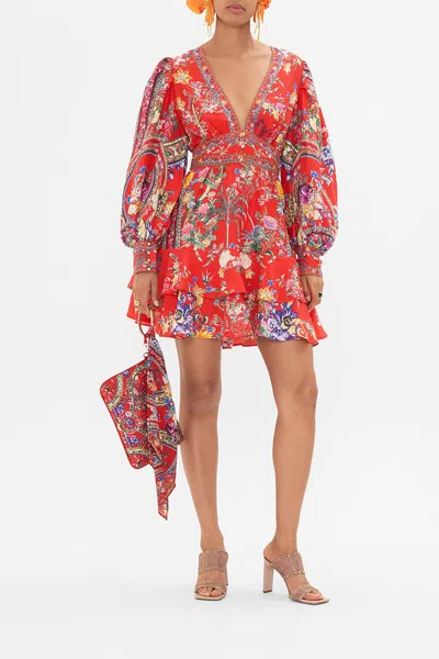 Camilla Button Front Frill Dress The Summer Palace In Beige/red