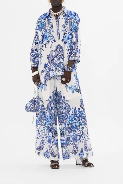 Camilla Button Up Top With Draped Back Glaze And Graze In Blue/white