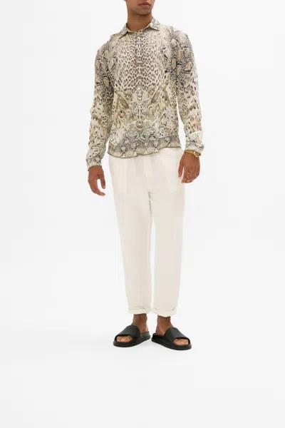 Camilla Collared Long Sleeve Shirt Looking Glass Houses In Beige/grey