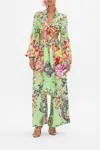 Camilla Porcelain Dream Print Tie Front Silk Crepe Crop Shirt In Green