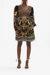 Camilla Graphic-print V-neck Silk Minidress In Black/gold
