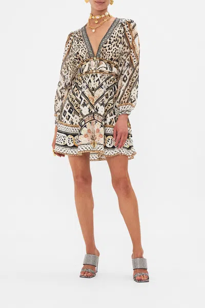 Camilla Curved Waistband Short Dress Mosaic Muse In Beige/brown/grey