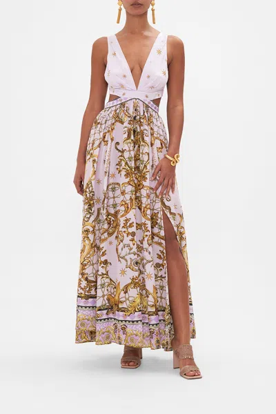 Camilla Cutout Crystal-embellished Printed Silk Crepe De Chine Maxi Dress In Purple/white