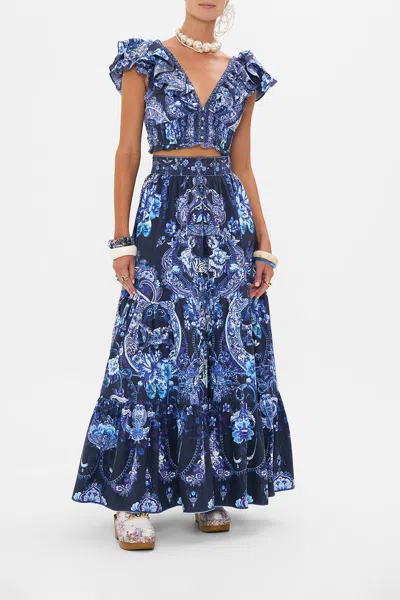 Camilla Deep V Frill Short Sleeve Top Delft Dynasty In Navy