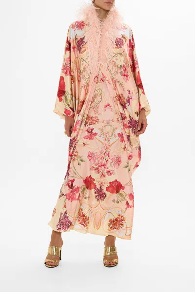Camilla Draped Back Layer With Feather Collar Blossoms And Brushstrokes In Pink