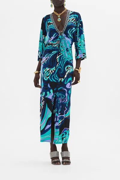 Camilla Draped Jersey Dress With Hardware Vividly Venice In Blue/navy