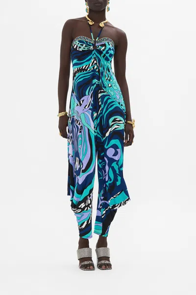 Camilla Draped Pant Jumpsuit With Hardware Vividly Venice In Blue/navy